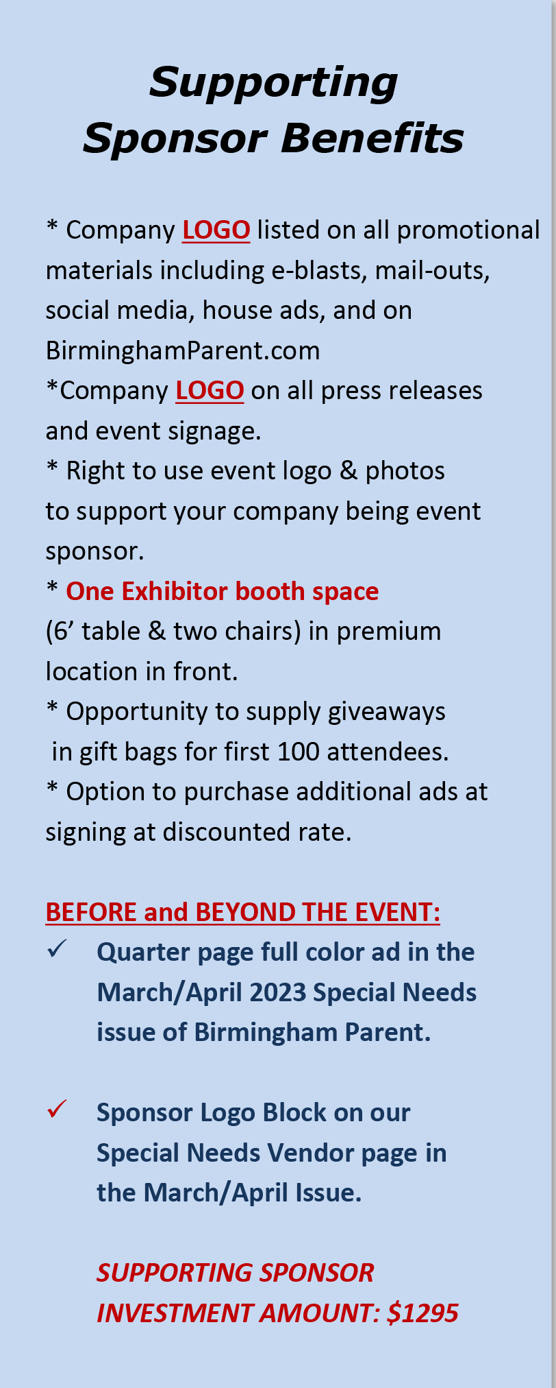 2023 Special Needs Expo Supporting Sponsorship Benefits