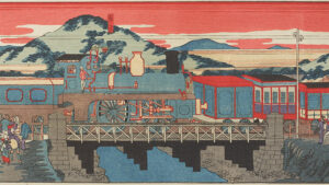 Train at Ikuta-machi in Kobe Meiji period (1868-1912)|Man on Motorcycle/ Adama Kouyaté/ original print 1954-1955/ Malian