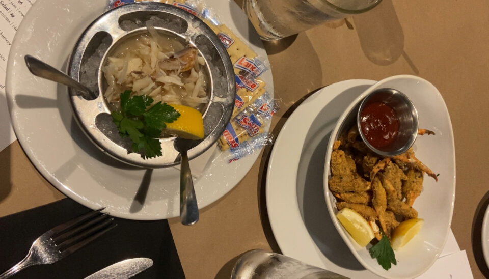 West Indies Salad (left) and fried crab claws (right)