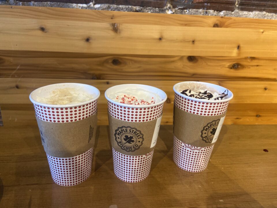 Candy Cane Latte (Left), Snickerdoodle Latte (Middle), and Hot Chocolate (Right)