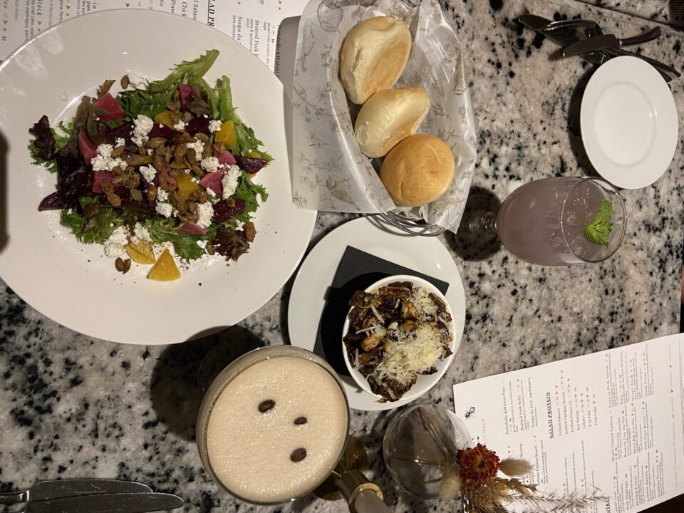 Crispy Brussel Sprouts, Tiramisu Martini, Sage Ube, and Beet Trio Salad