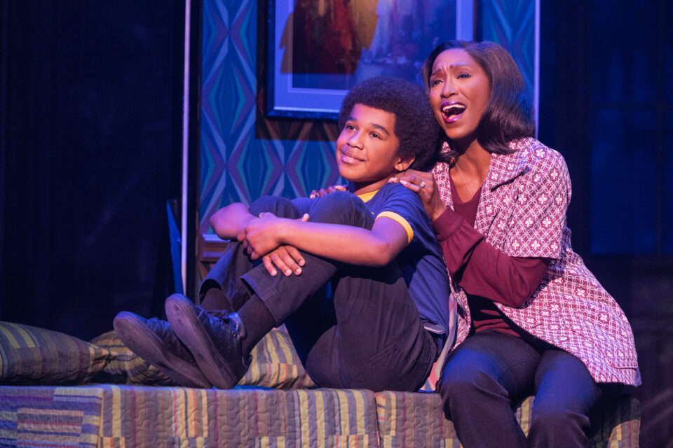 Bane Griffith as Little Michael and Anastasia Talley as Katherine Jackson in the First National Tour of MJ. (Matthew Murphy)
